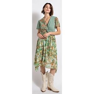 New Gigio by Umgee S M L Green Floral Dot Print Twist Waist Asymmetrical Dress